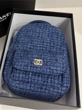 CHANEL GWP Blue Tweed Mini Backpack with Gold CC Emblem
